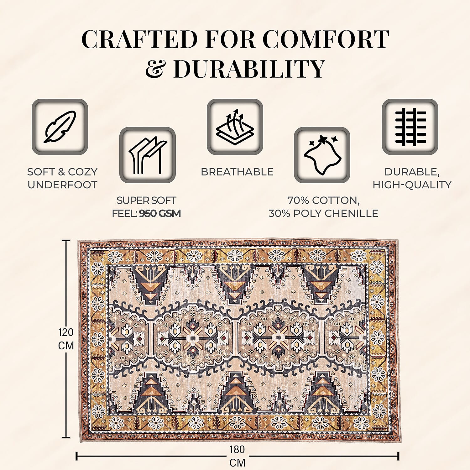 Vintage Printed Chenille Area Rug with Non-Slip Backing (180x120cm) - Multicolor