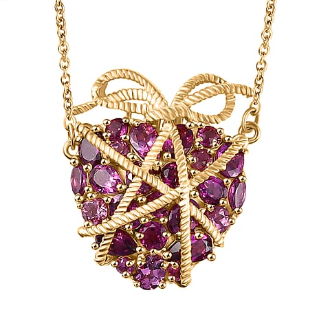GP - Amore Collection - Lotus Garnet & Blue Sapphire Heart Necklace (Size - 20) in 18K Vermeil Yellow Gold Plated Sterling Silver 4.19 Ct, Silver Wt. 7.66 Gms.