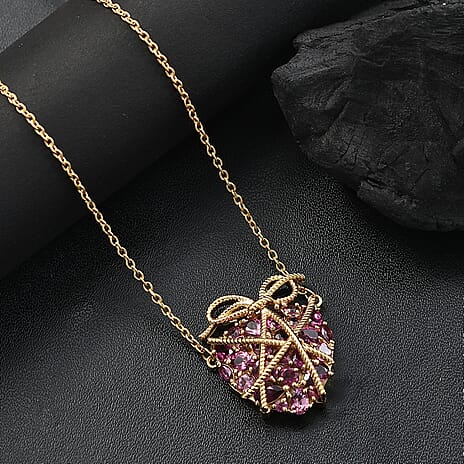 GP - Amore Collection - Lotus Garnet & Blue Sapphire Heart Necklace (Size - 20) in 18K Vermeil Yellow Gold Plated Sterling Silver 4.19 Ct, Silver Wt. 7.66 Gms.
