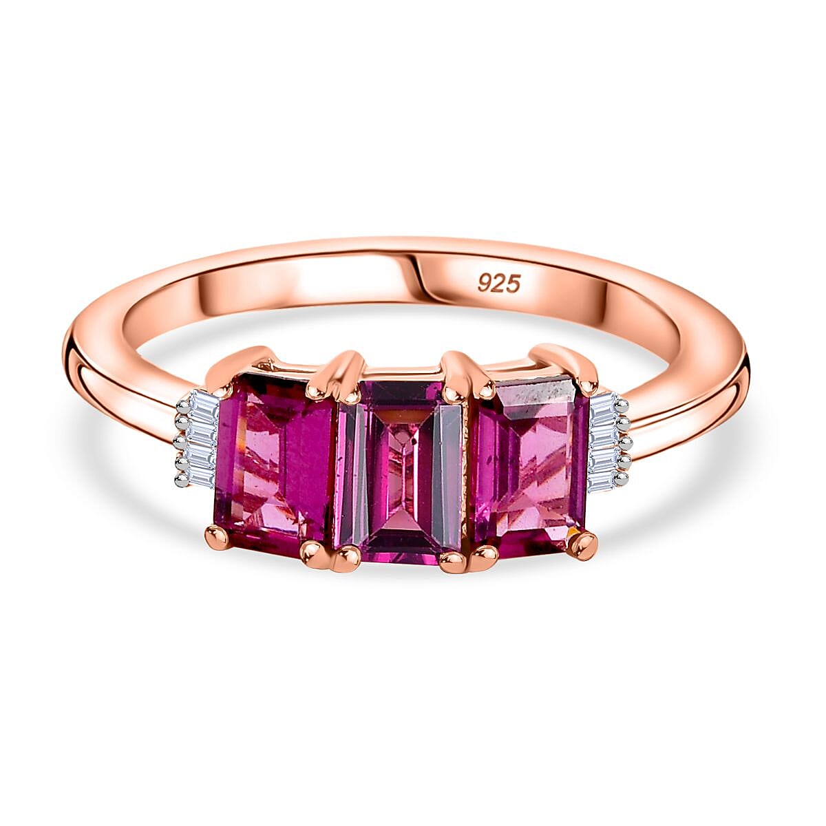 Radiant Ember Garnet, White Diamond Trilogy Ring in 18K Vermeil Rose Gold Plated Sterling Silver 2.18 Ct.
