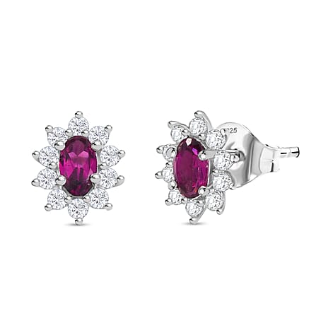 Radiant Ember Garnet & White Zircon Solitaire Stud Push Post Earring in Rhodium Overlay Sterling Silver 1.05 Ct.