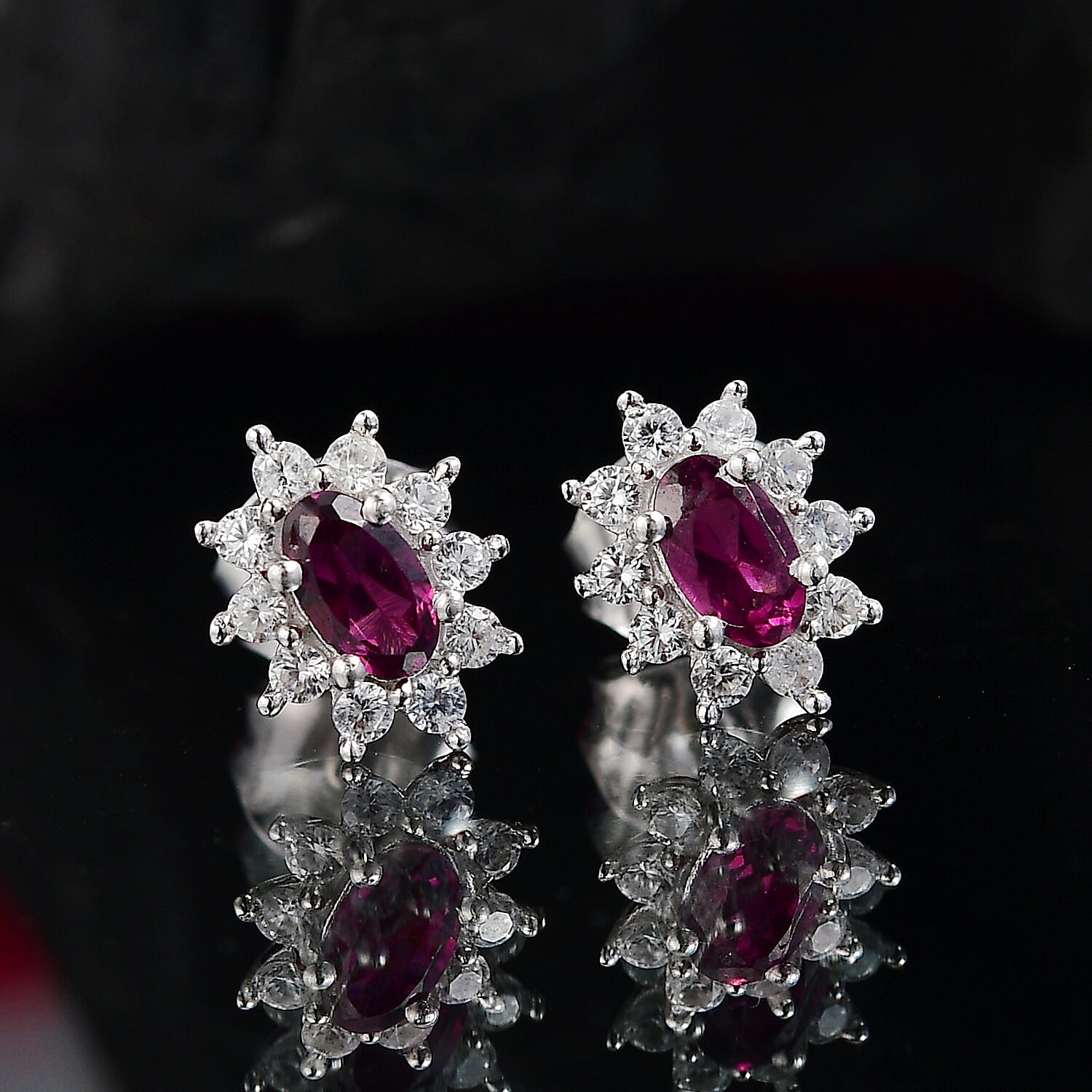 Radiant Ember Garnet & White Zircon Solitaire Stud Push Post Earring in Rhodium Overlay Sterling Silver 1.05 Ct.