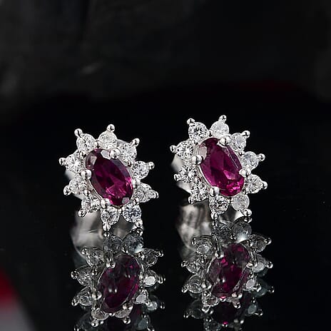 Radiant Ember Garnet & White Zircon Solitaire Stud Push Post Earring in Rhodium Overlay Sterling Silver 1.05 Ct.