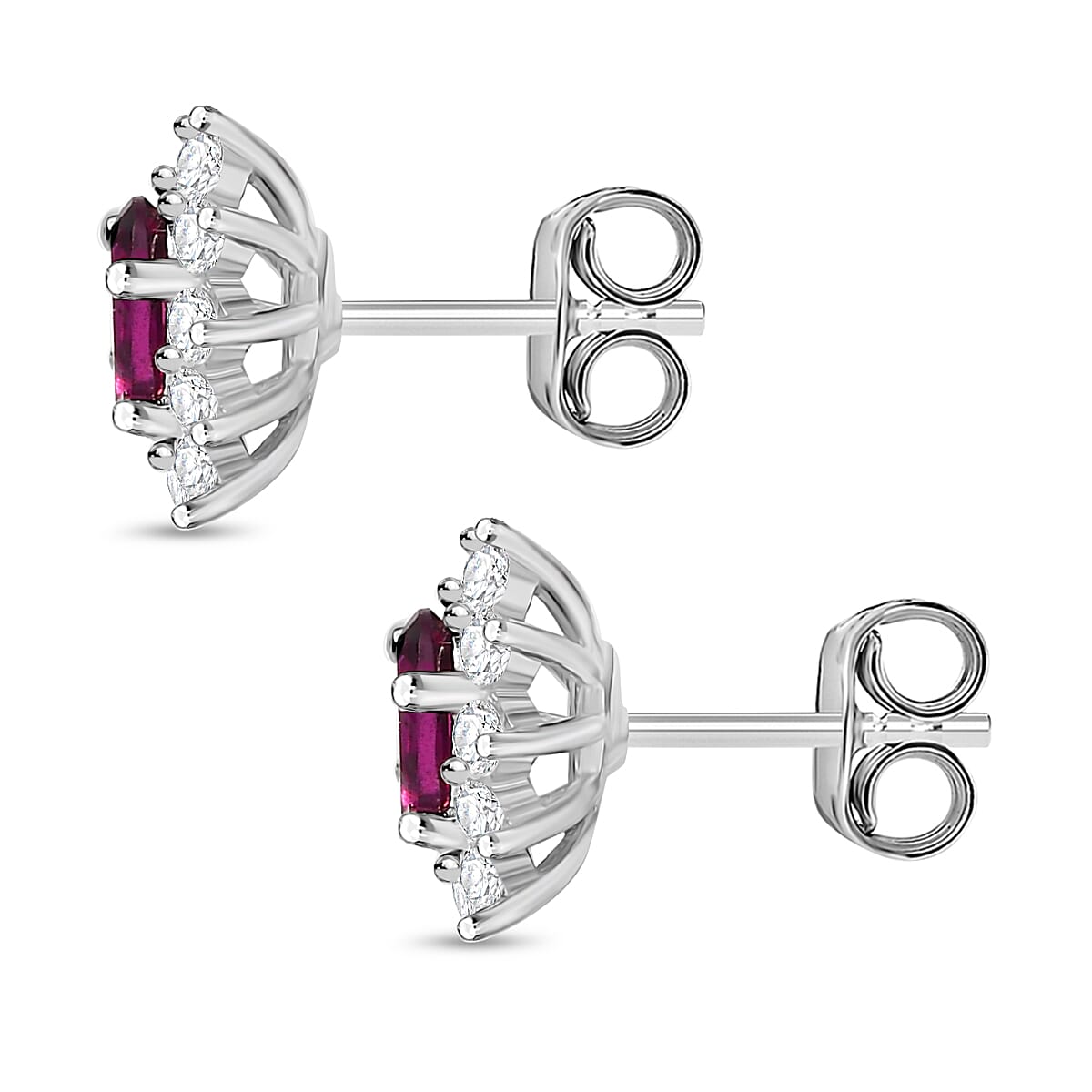 Radiant Ember Garnet & White Zircon Solitaire Stud Push Post Earring in Rhodium Overlay Sterling Silver 1.05 Ct.