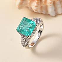 Emeraldine Triplet Quartz & White Zircon Solitaire Ring in Rhodium Overlay Sterling Silver 5.88 Ct.