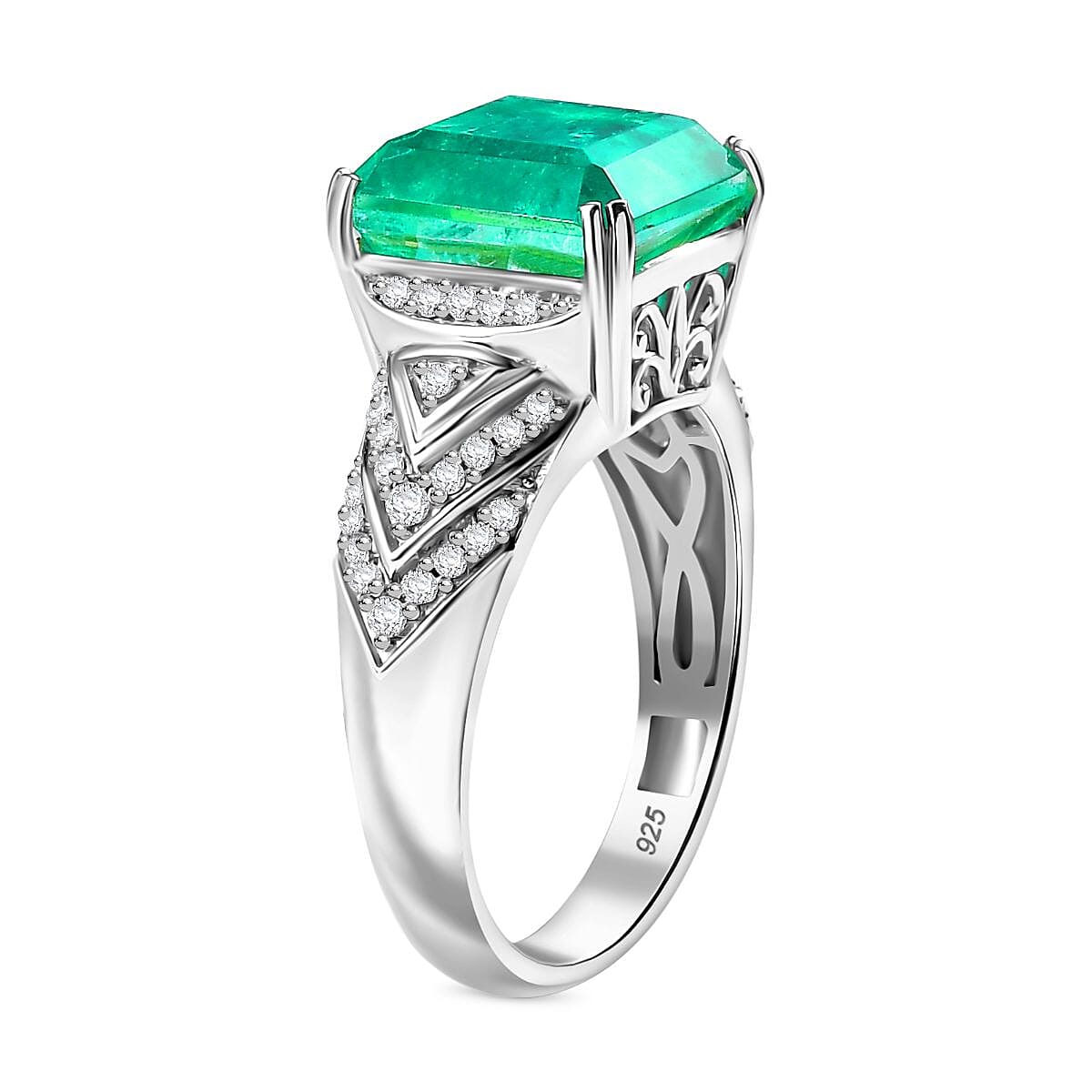 Emeraldine Triplet Quartz & White Zircon Solitaire Ring in Rhodium Overlay Sterling Silver 5.88 Ct.