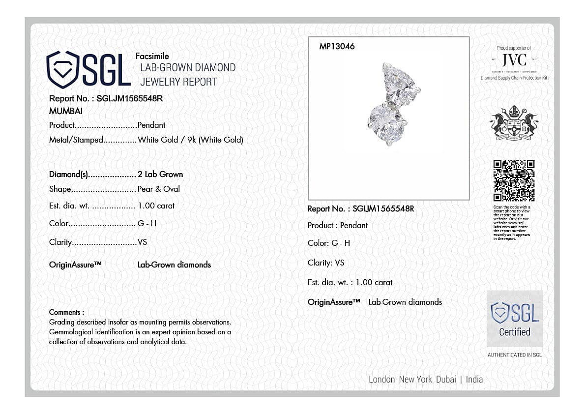 Designer Inspired - THE TOI ET MOI Luxuriant Diamond 9K White Gold SGL Certified Lab Grown Diamond (VS-GH) Solitaire Pendant 1.00 Ct.