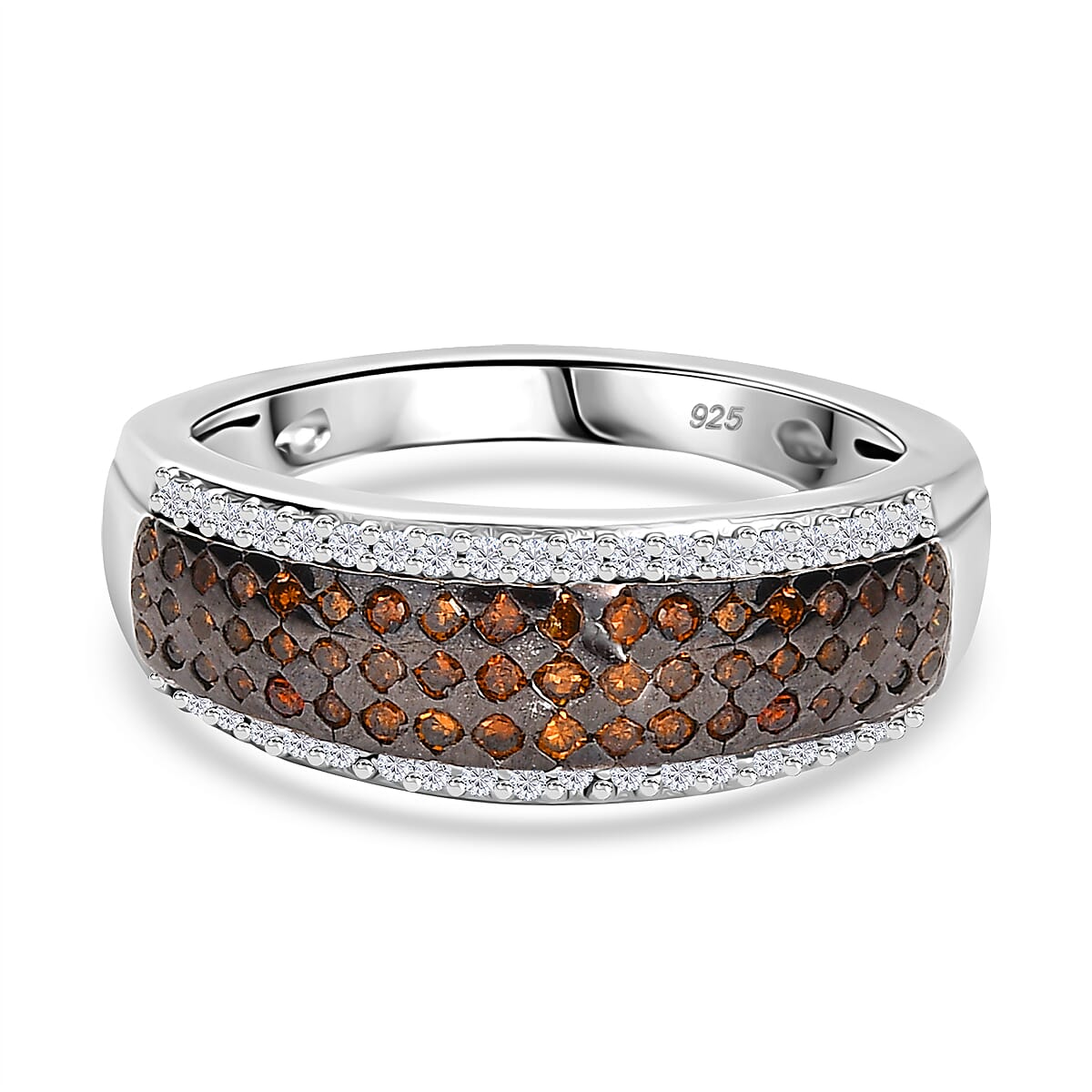 Orangy Red Diamond & White Diamond Ring in Rhodium Overlay Sterling Silver 0.50 Ct.