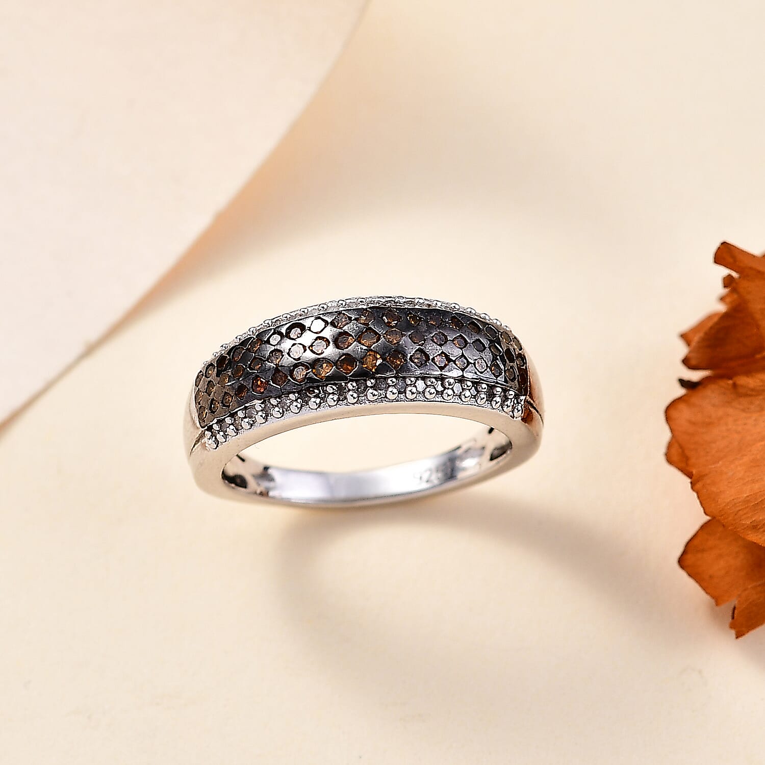 Orangy Red Diamond & White Diamond Ring in Rhodium Overlay Sterling Silver 0.50 Ct.