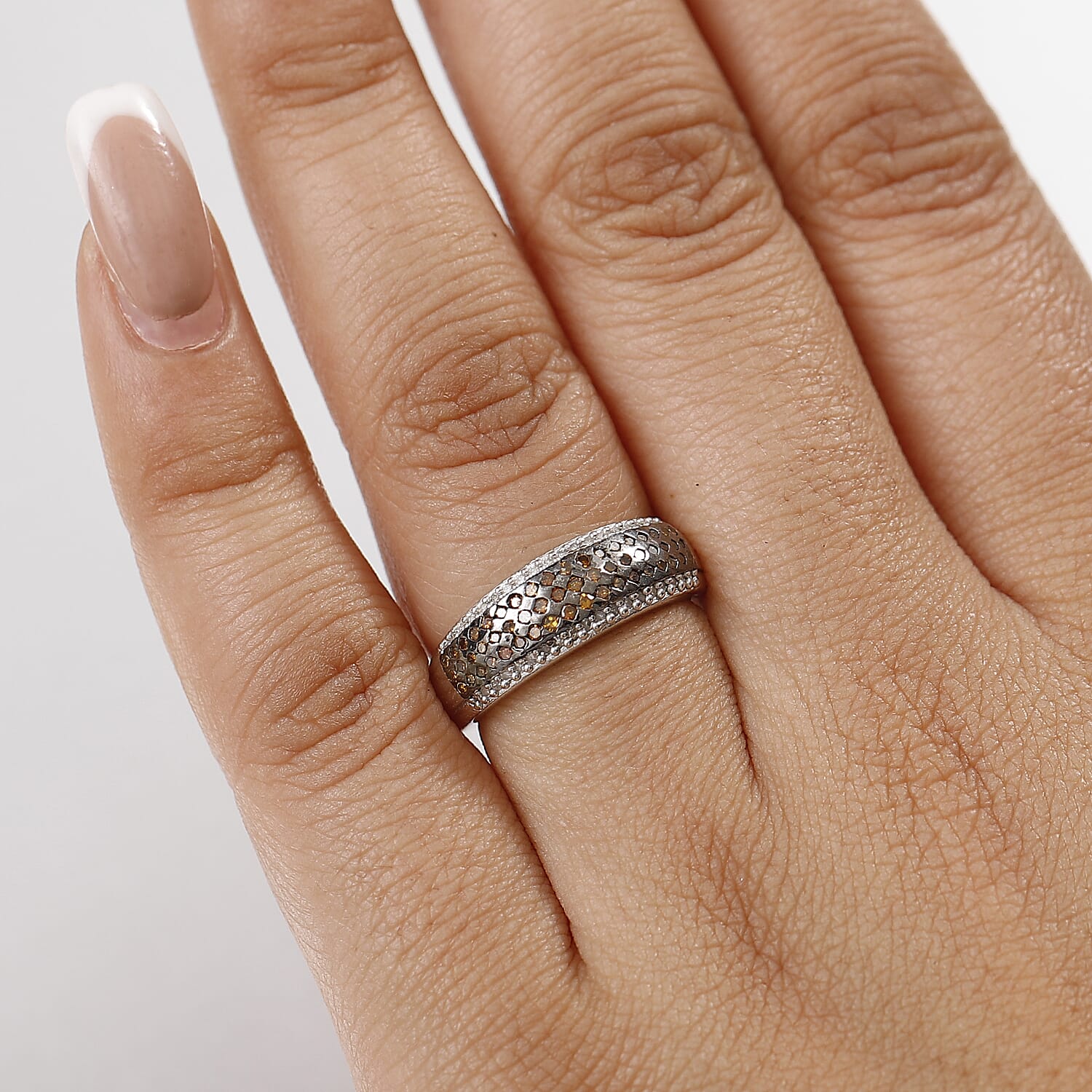 Orangy Red Diamond & White Diamond Ring in Rhodium Overlay Sterling Silver 0.50 Ct.