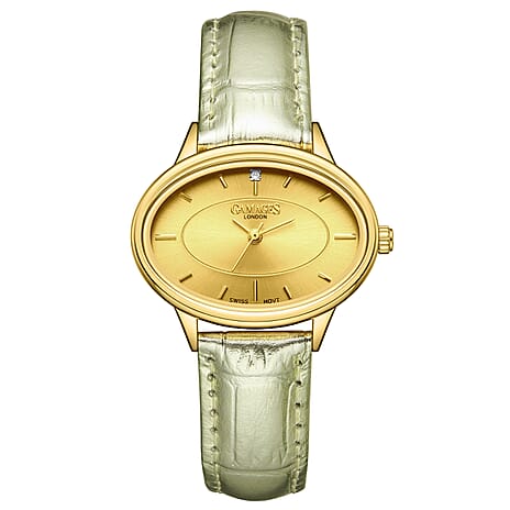 GAMAGES OF LONDON Limited Edition Hand Assembled Swiss Quartz Movement Serene Diamond Ladies Watch with Leather Strap in Gold Champagne