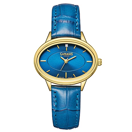 GAMAGES OF LONDON Limited Edition Hand Assembled Swiss Quartz Movement Serene Diamond Blue Dial Ladies Watch with Leather Strap in Gold Blue