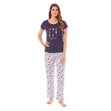 100% Cotton Ladies 2 Piece Slogan T-Shirt - AOP Pants PJ Set (Size XL) - Navy