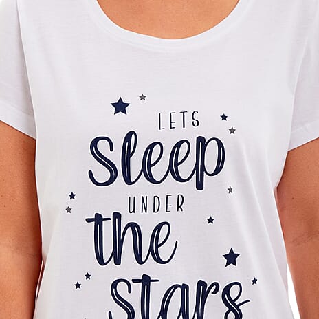 100% Cotton Ladies 2 Piece Slogan T-Shirt - AOP Pants PJ Set (Size XL) - White