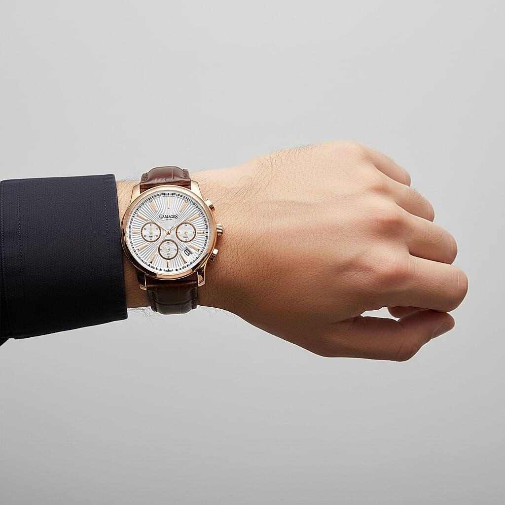 Gamages Of London Sovereign Quartz Movt. 5ATM WR Silver Colour Dial Mens Watch with Brown Leather Starp