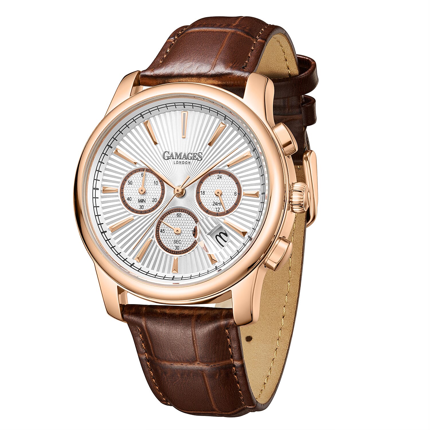 Gamages Of London Sovereign Quartz Movt. 5ATM WR Silver Colour Dial Mens Watch with Brown Leather Starp