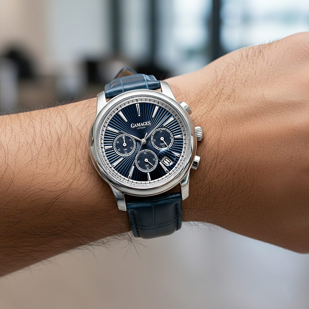 Gamages Of London Sovereign Quartz Movt. 5ATM WR Blue Dial Mens Watch with Blue Leather Starp