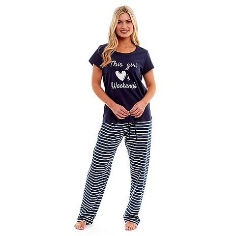 Ladies Cotton T-Shirt and Pyjama Nightdress Set (Size 20 to 22) - Navy & Stripes