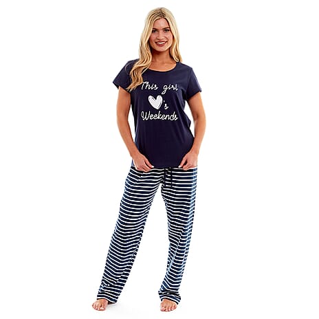 Ladies Cotton T-Shirt and Pyjama Nightdress Set (Size 20 to 22) - Navy & Stripes