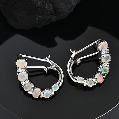 Ethiopian Faceted Opal & White Zircon Earring with Omega Clip in Rhodium Overlay Sterling Silver 2.34 Ct.
