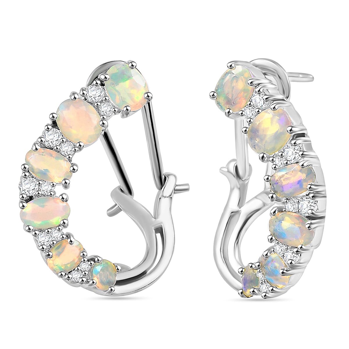 Ethiopian Faceted Opal & White Zircon Earring with Omega Clip in Rhodium Overlay Sterling Silver 2.34 Ct. Ethiopian Faceted Opal & White Zircon Earring with Omega Clip in Rhodium Overlay Sterling Silver 2.34 Ct.