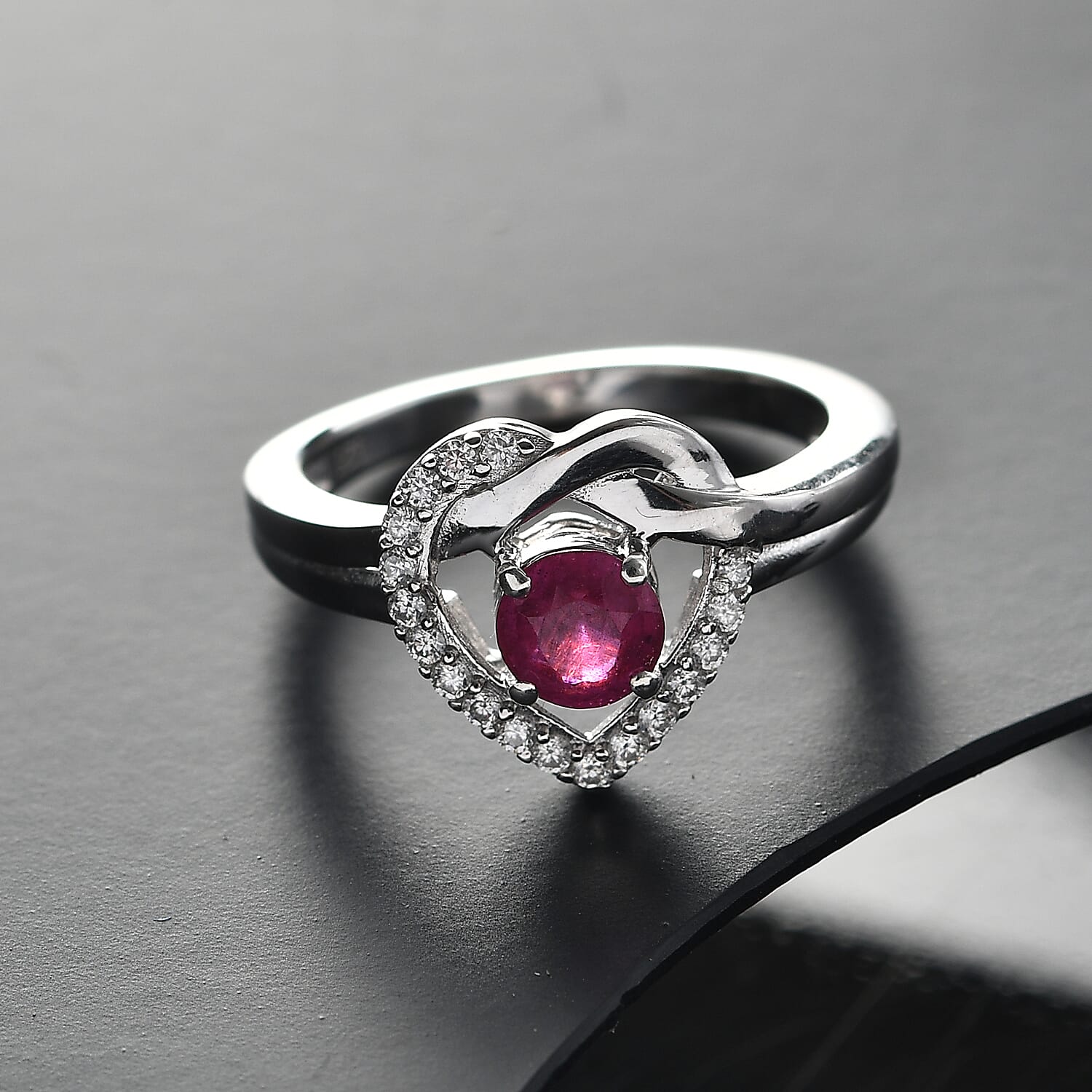 African Ruby & Moissanite Ring in Rhodium Overlay Sterling Silver 0.87 Ct. African Ruby & Moissanite Ring in Rhodium Overlay Sterling Silver 0.87 Ct.