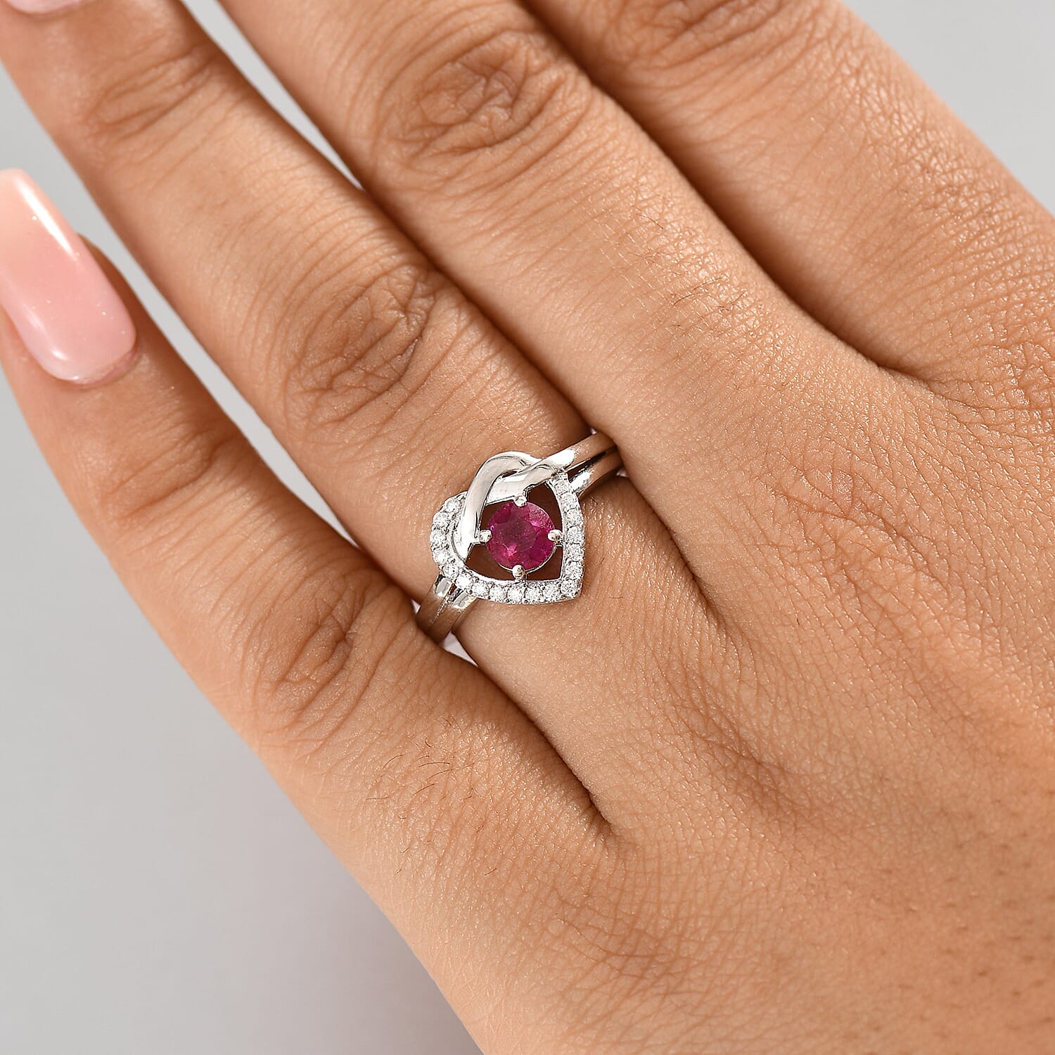 African Ruby & Moissanite Ring in Rhodium Overlay Sterling Silver 0.87 Ct. African Ruby & Moissanite Ring in Rhodium Overlay Sterling Silver 0.87 Ct.