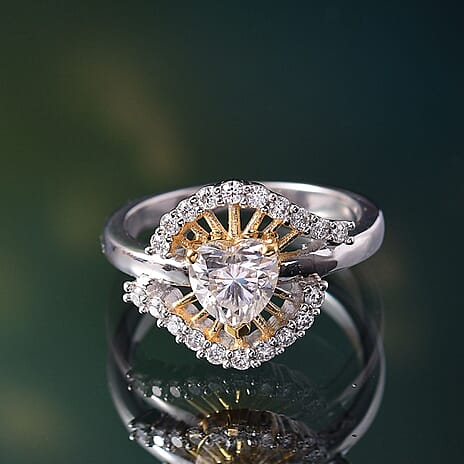 Moissanite Ring in 18K Vermeil Yellow Gold Plated & Rhodium Overlay Sterling Silver 1.21 Ct.
