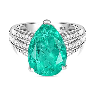 Emeraldine Triplet Quartz & White Zircon Ring in Rhodium Overlay Sterling Silver 5.97 Ct.