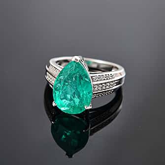 Emeraldine Triplet Quartz & White Zircon Ring in Rhodium Overlay Sterling Silver 5.97 Ct.