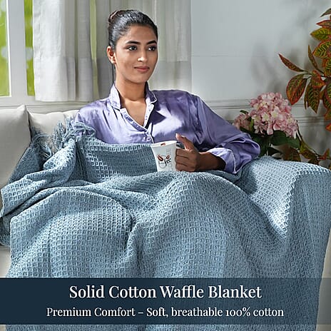 Hush Haven 100% Cotton Waffle Throw Blanket with Fringes (180x130 cm) - Ash Colour