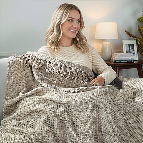 100% Cotton Waffle Throw Blanket with Fringes (180x130 cm) - Light Brown