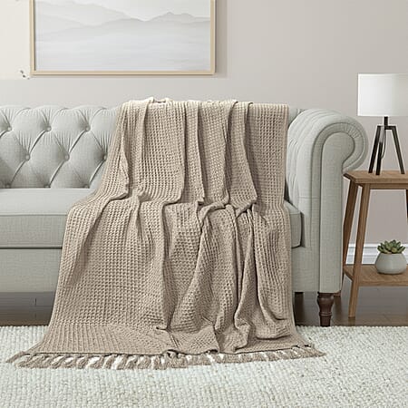 100% Cotton Waffle Throw Blanket with Fringes (180x130 cm) - Light Brown