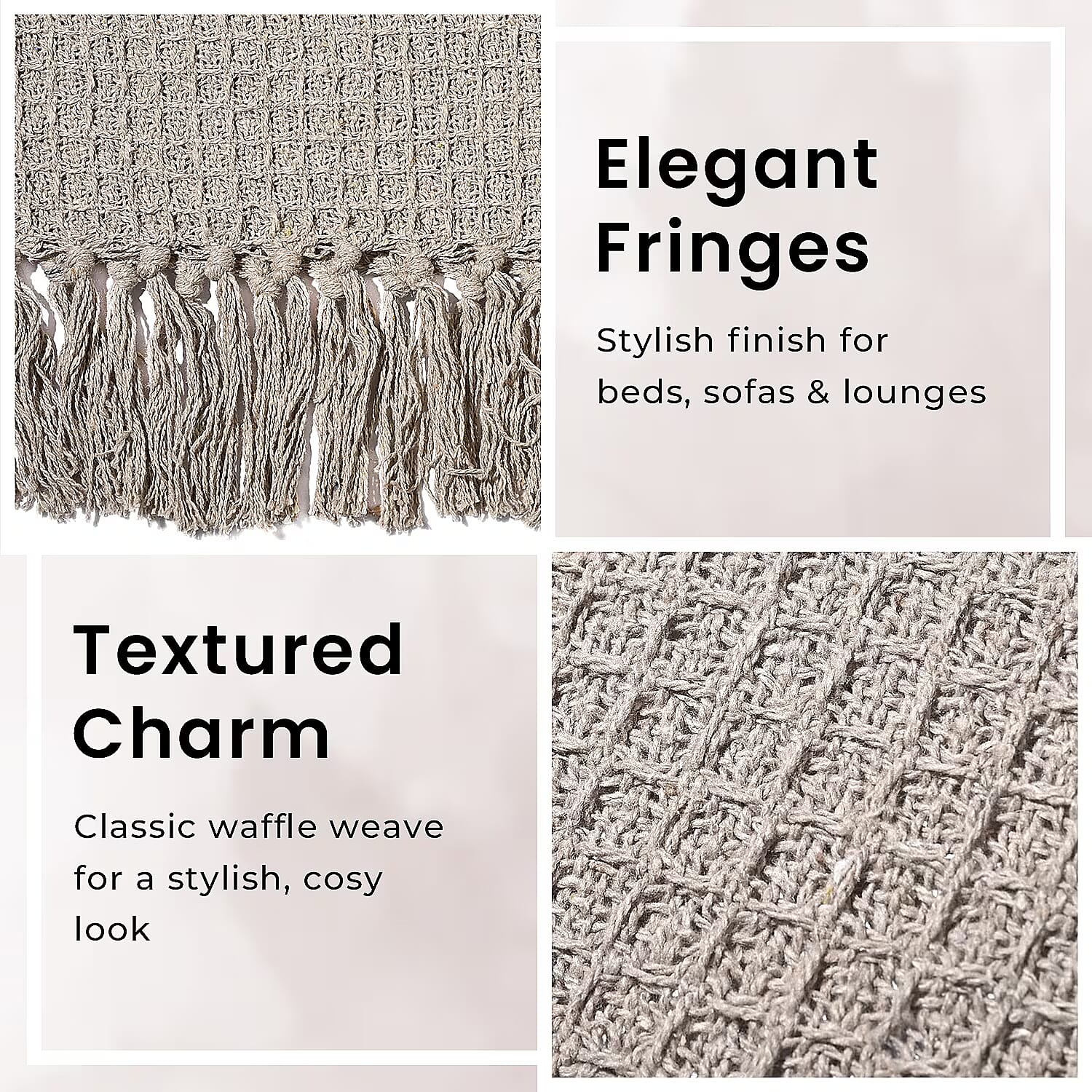100% Cotton Waffle Throw Blanket with Fringes (180x130 cm) - Light Brown