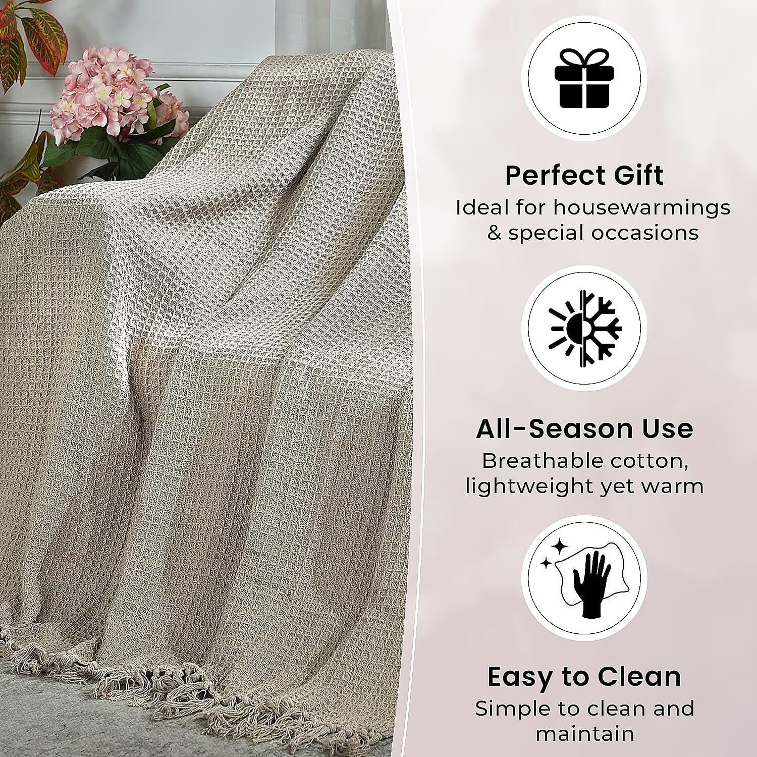 100% Cotton Waffle Throw Blanket with Fringes (180x130 cm) - Light Brown