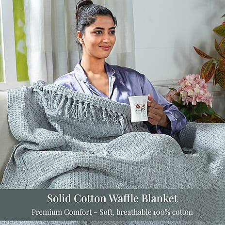 100% Cotton Waffle Throw Blanket with Fringes (180x130 cm) - Grey