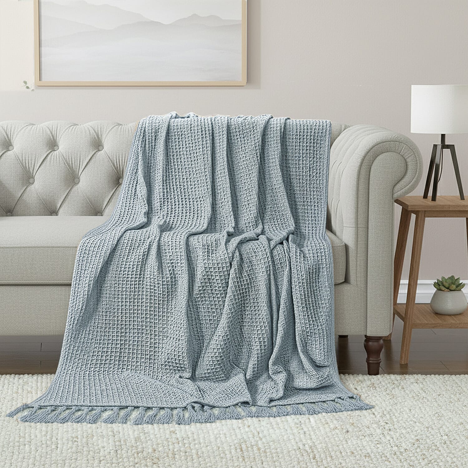 100% Cotton Waffle Throw Blanket with Fringes (180x130 cm) - Grey
