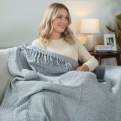 100% Cotton Waffle Throw Blanket with Fringes (180x130 cm) - Grey