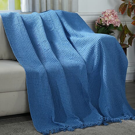 100% Cotton Waffle Throw Blanket with Fringes (180x130 cm) - Blue