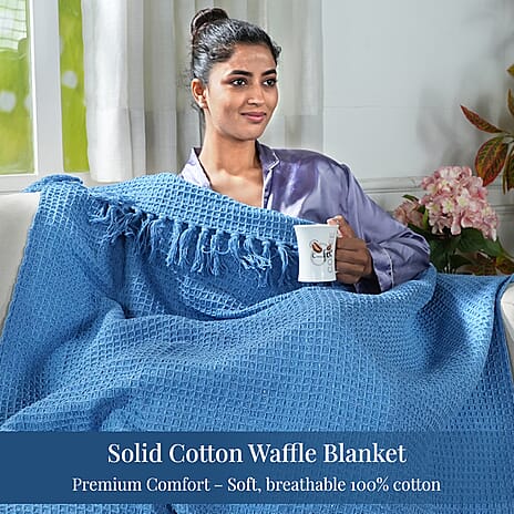 100% Cotton Waffle Throw Blanket with Fringes (180x130 cm) - Blue