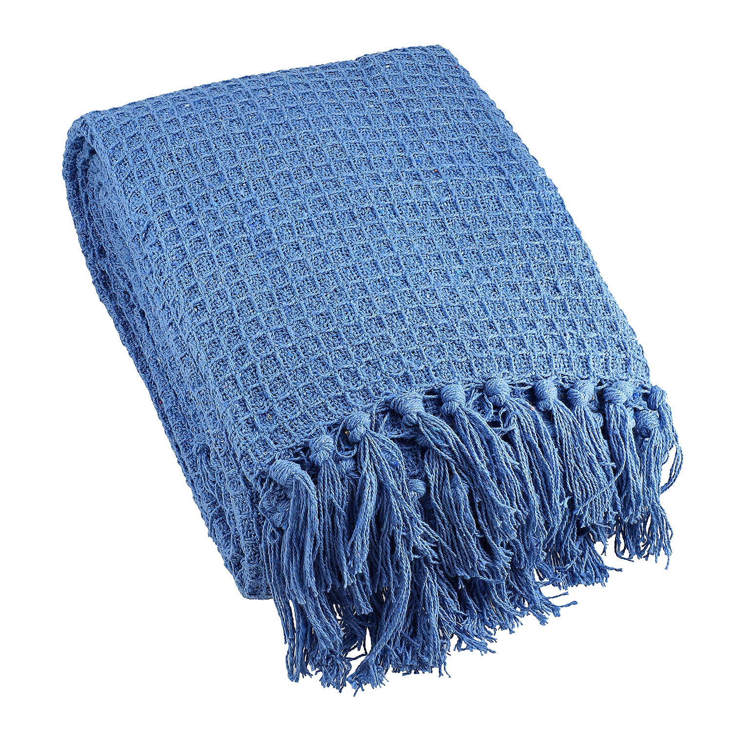 100% Cotton Waffle Throw Blanket with Fringes (180x130 cm) - Blue