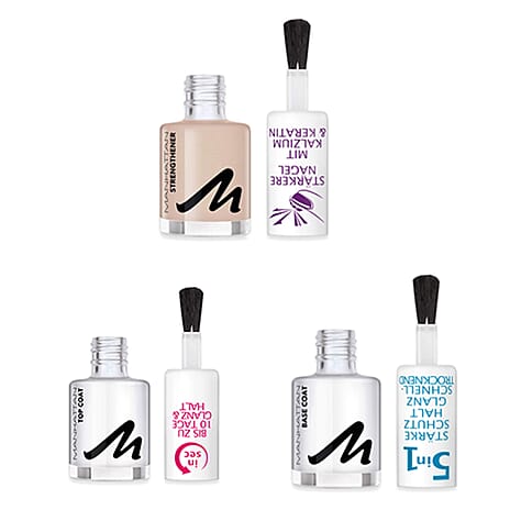 Manhattan Nail Care Trio Nail Polish Set 12 ml base coat, 12 ml Last and Shine Strengthener and 12 ml last and Shine Coat Clear