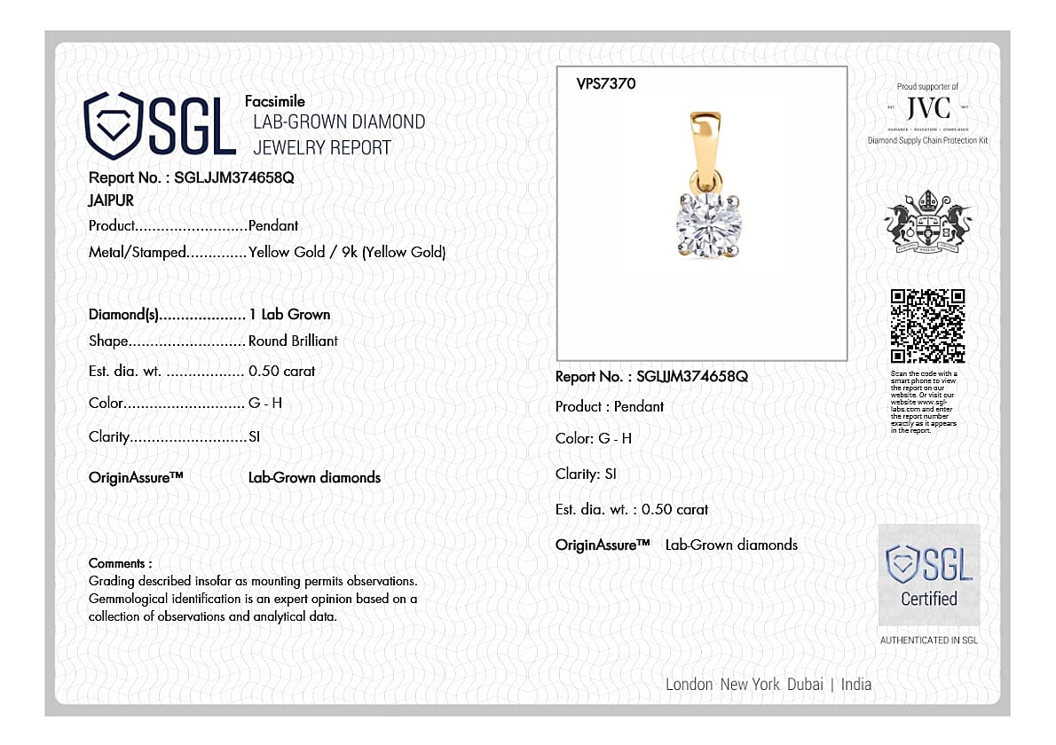 Black Friday Preview Exclusive- Luxuriant Diamond - SGL Certified 9K Yellow Gold SI-GH Lab Grown Diamond Solitaire Pendant, 0.50 Ct - Yellow