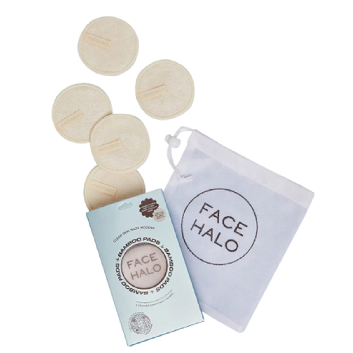Face Halo Trio Set (Includes Bamboo make up remover - 8 x Bamboo Pads with Bag, Dual-Sided Exfoliator and Polish Pad & Headband with Bag)