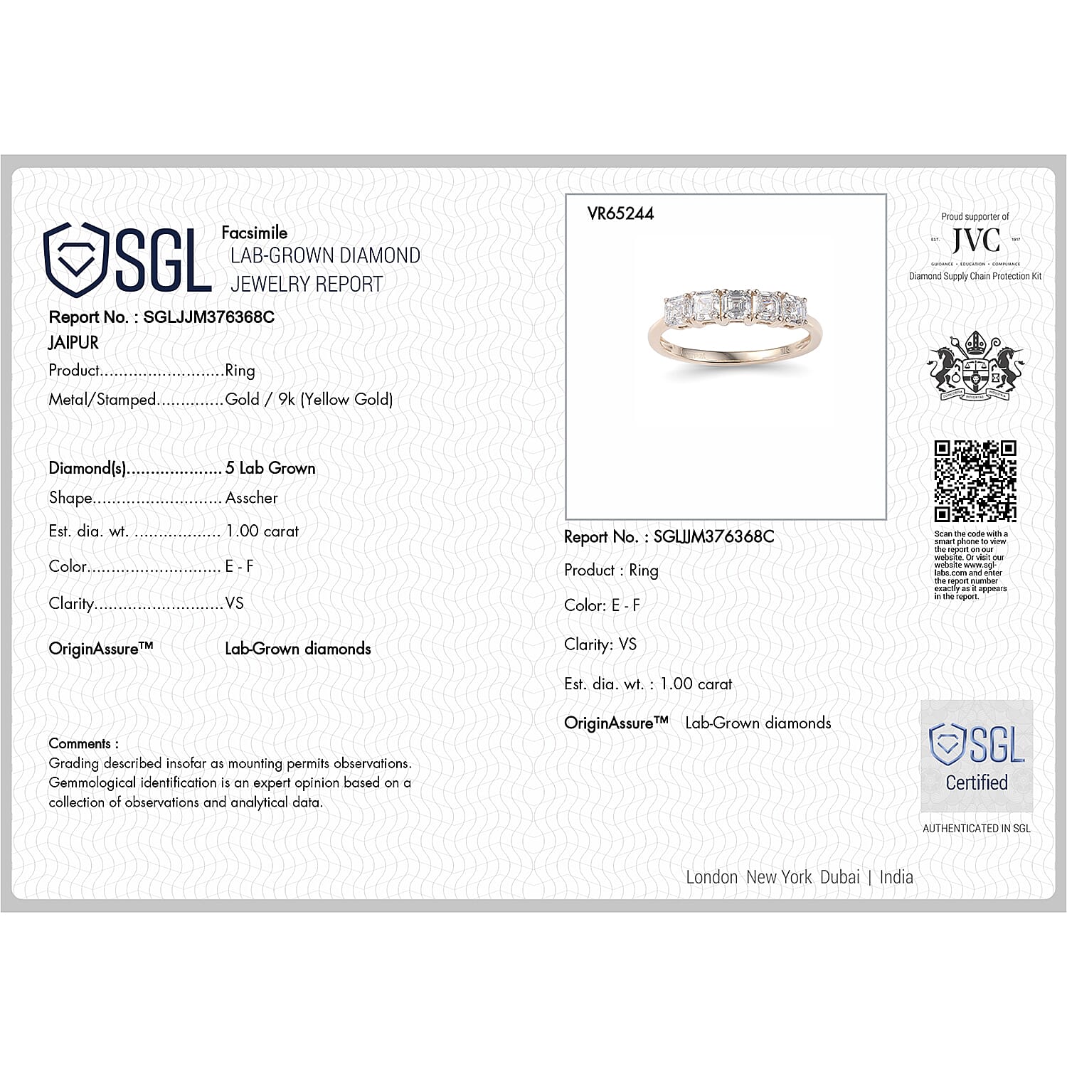 Luxuriant Diamond 9K Yellow Gold VS Lab Grown Diamond EF, VS 5 Stone Ring, Gold Wt.1.8 Gms  1.060  Ct.