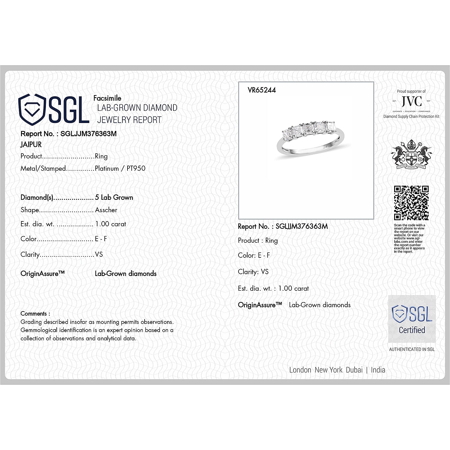 Luxuriant Diamond 950 Platinum VS Lab Grown Diamond EF, VS 5 Stone Ring, Platinum Wt.4 Gms  1.130  Ct.