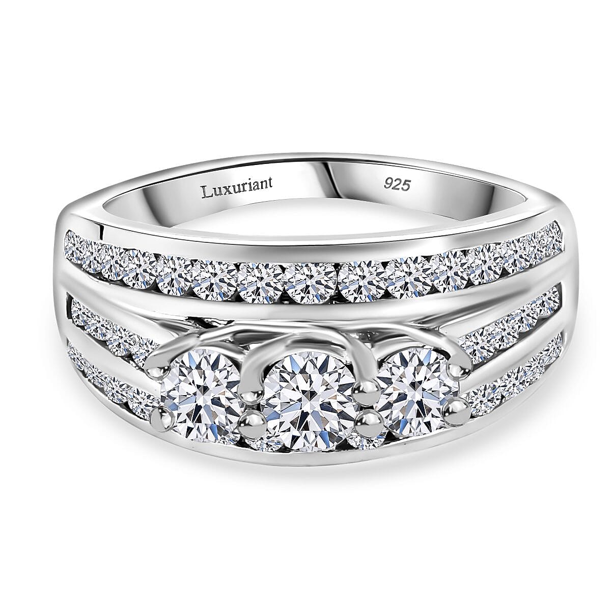 Luxuriant Diamond Lab Grown Diamond (SI-G-H) Trilogy Ring in Rhodium Overlay Sterling Silver 1.25 Ct.