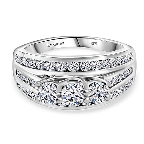 Luxuriant Diamond Lab Grown Diamond (SI-G-H) Trilogy Ring in Rhodium Overlay Sterling Silver 1.25 Ct.