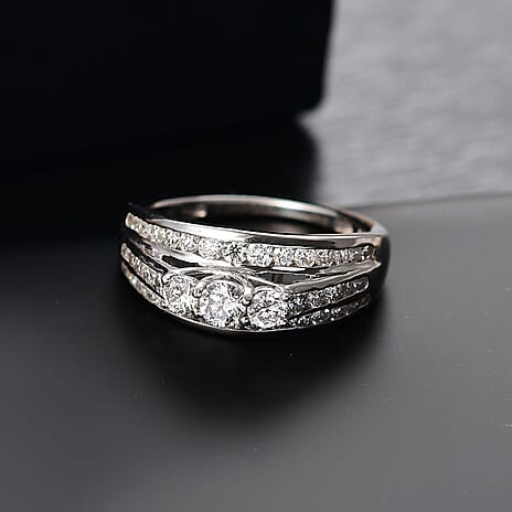 Luxuriant Diamond Lab Grown Diamond (SI-G-H) Trilogy Ring in Rhodium Overlay Sterling Silver 1.25 Ct.