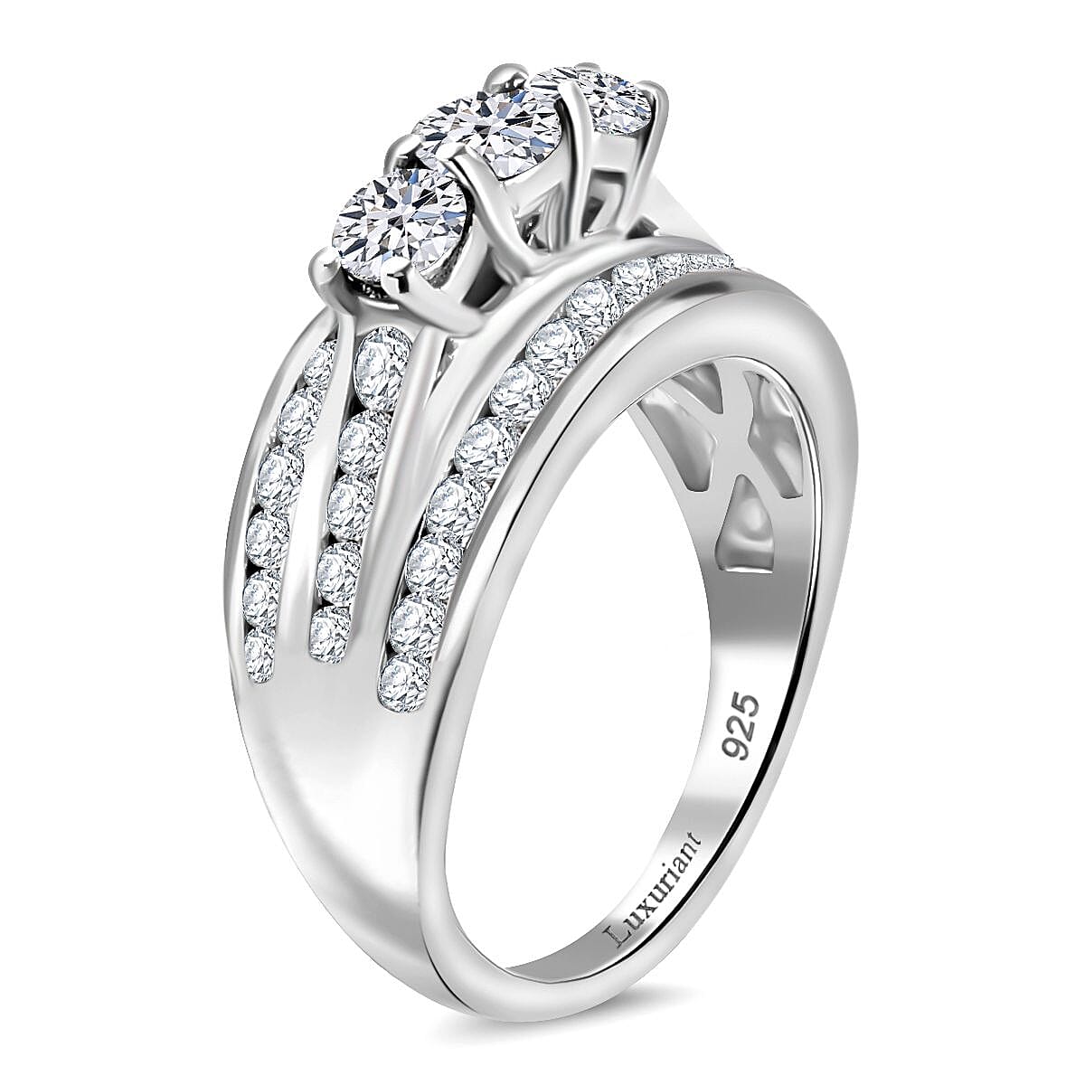 Luxuriant Diamond Lab Grown Diamond (SI-G-H) Trilogy Ring in Rhodium Overlay Sterling Silver 1.25 Ct.